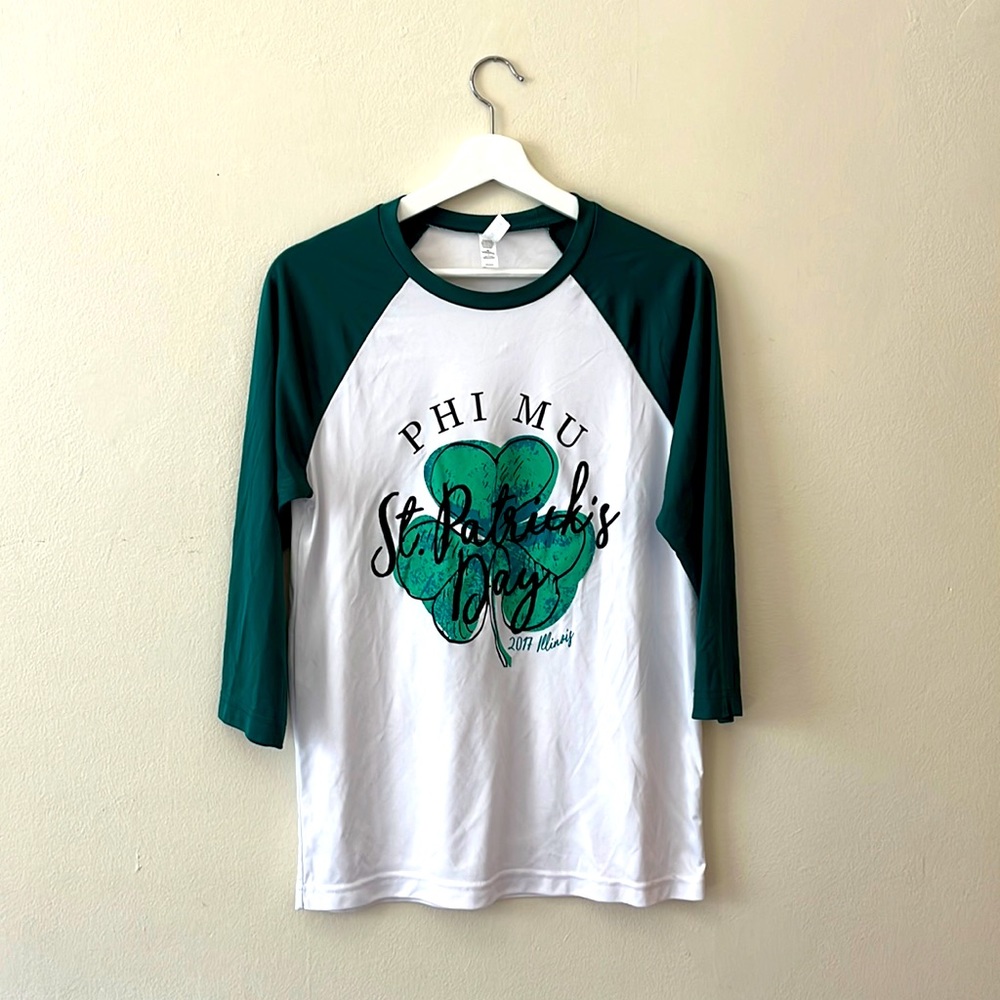 Phi Mu St. Patrick’s Day baseball tee green